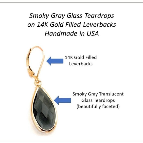 Smokey Gray Glass Dangle Earrings 14k Gold Filled Leverbacks Handmade in USA - Picture 2 of 2